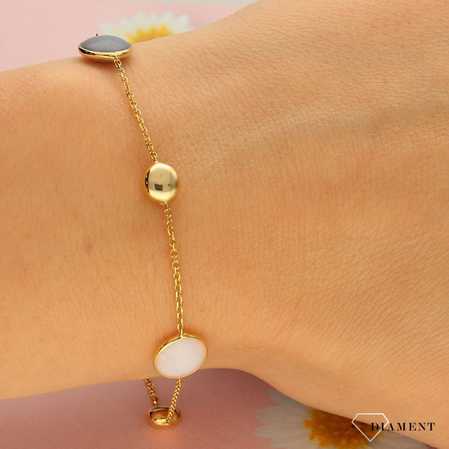 Złota bransoletka 585 'kwarc różowy i agat' (1).jpg